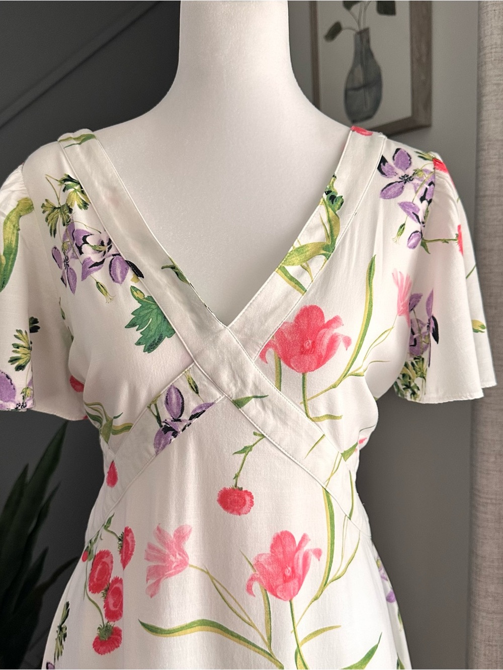 LOFT White Floral Wrap-Style Mini Dress with Pink & Green Print - Picture 4 of 8